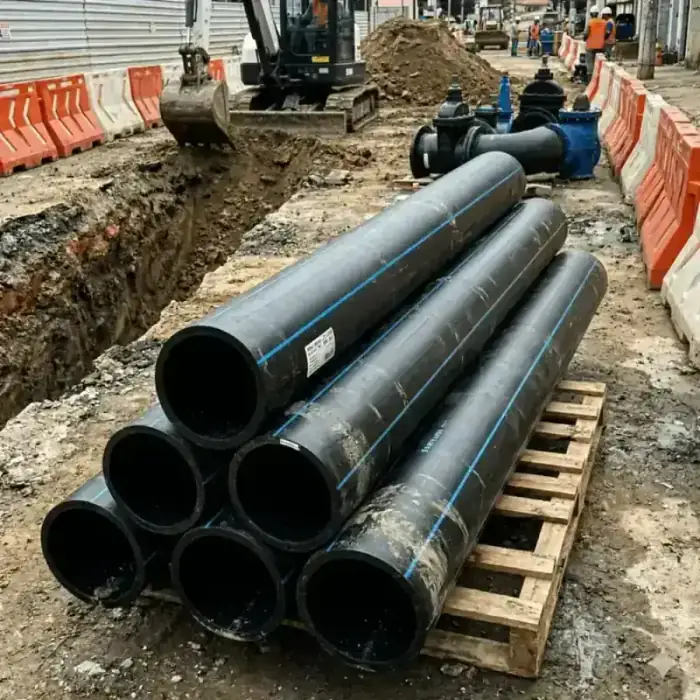 Obra de saneamento com tubo liso PEAD DE 400 para rede de abastecimento
